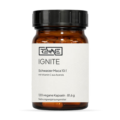 Rewake Ignite, schwarzer Maca Extrakt 10:1 mit Vitamin C aus Acerola, 120 vegane Kapseln im Braunglas