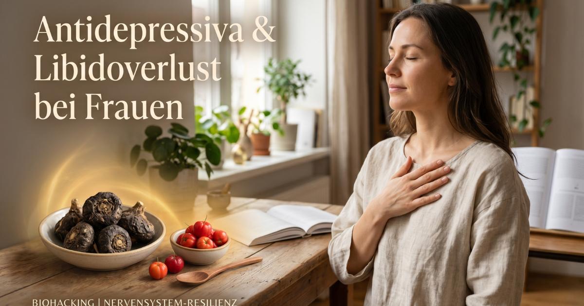 Frau mit Hand auf dem Herzen vor schwarzer Maca Wurzel und Acerola Kirschen – Lösung bei Libidoverlust durch Antidepressiva.