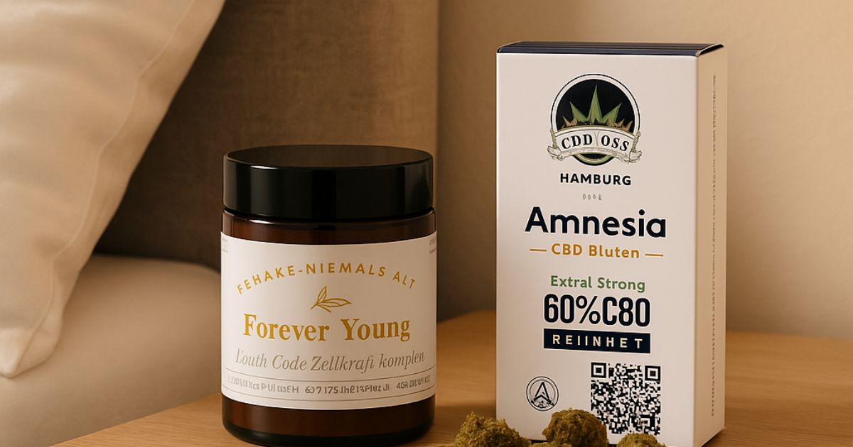 NMN Pulver Forever Young und CBD Blüten Amnesia von CBD040 auf Nachttisch – Anti Aging im Schlaf mit Zellverjüngung durch CBD und NMN