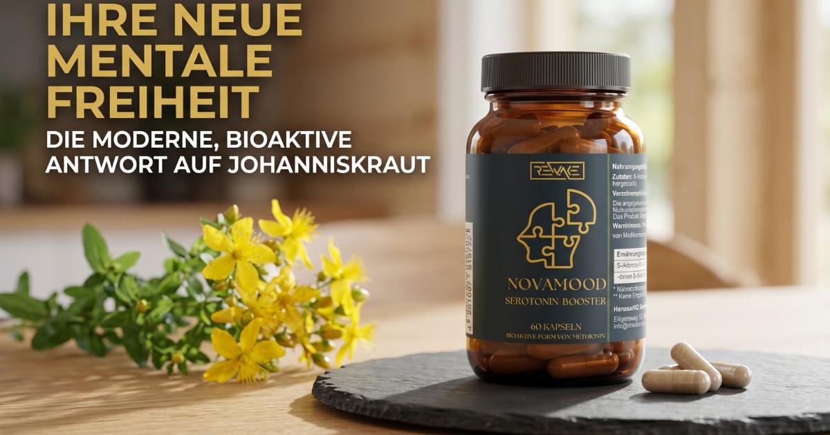 NovaMood SAMe Kapseln neben gelben Johanniskraut-Blüten als moderne und natürliche Alternative für bessere Stimmung und mentale Balance.
