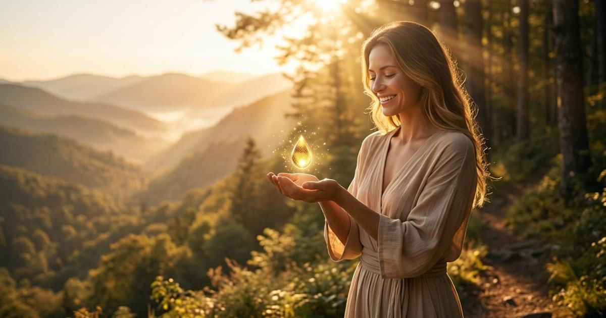 Eine Frau im goldenen Sonnenlicht hält leuchtende Tropfen in den Händen – symbolisch für natürliche Lust-Tropfen zur Steigerung der Libido nach der Pille oder in den Wechseljahren.