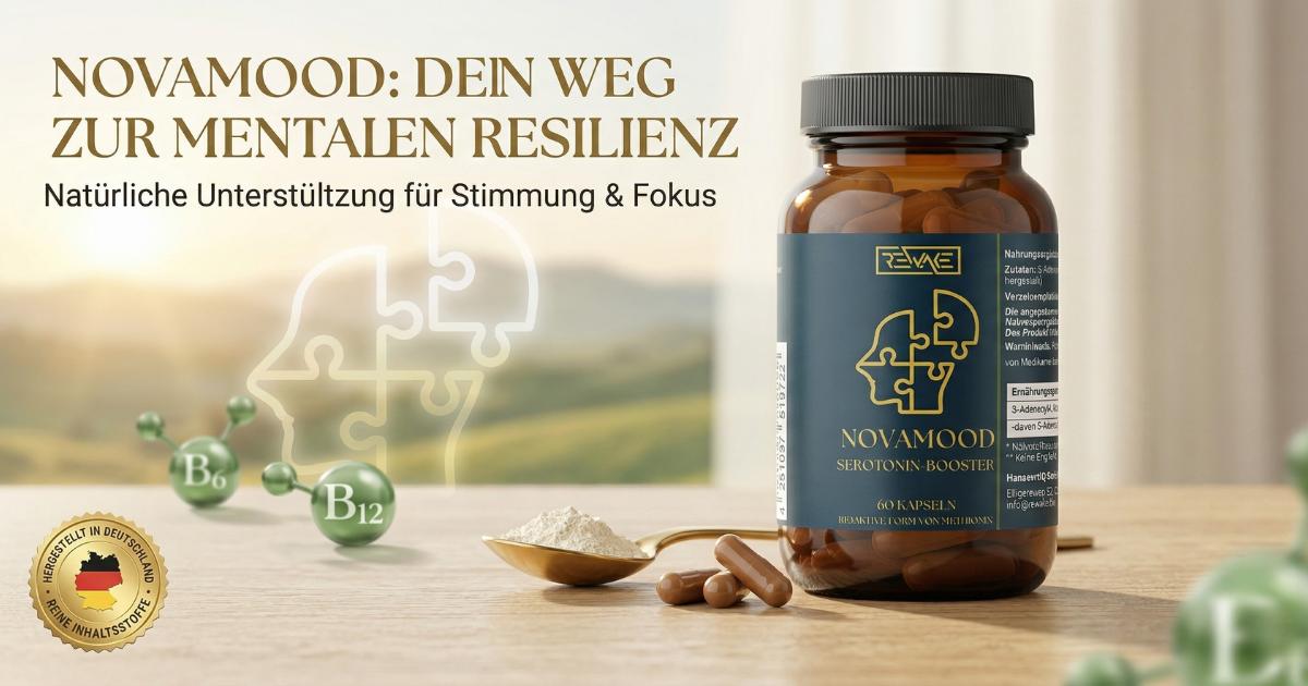 Infografik-Titelbild, das die Flasche NovaMood Serotonin-Booster (S-Adenosylmethionin Kapseln) von Rewake auf einem sonnigen Hintergrund zeigt, der mentale Resilienz und Geistesklarheit visualisiert, mit Text und B-Vitamin-Symbolen.