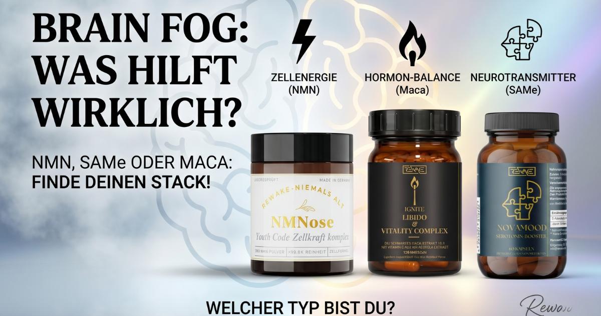 Vergleich der Nahrungsergänzungsmittel NMN, SAMe und Maca gegen Brain Fog und Konzentrationsstörungen.