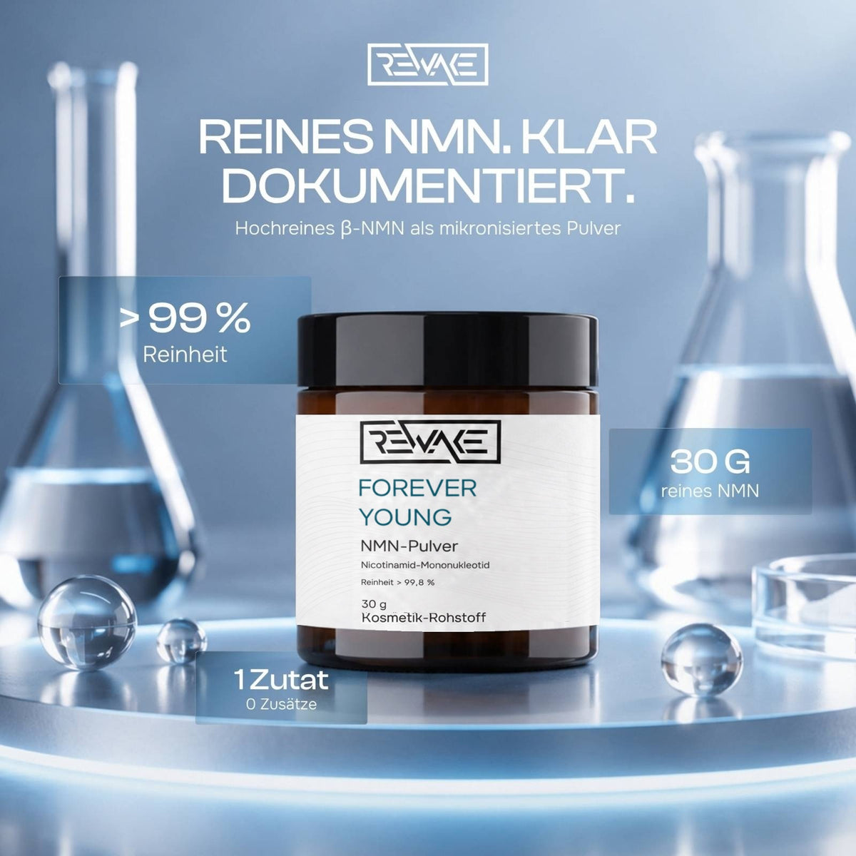 Rewake Forever Young im Labor, reines NMN als mikronisiertes Pulver, über 99 % Reinheit, 30 g