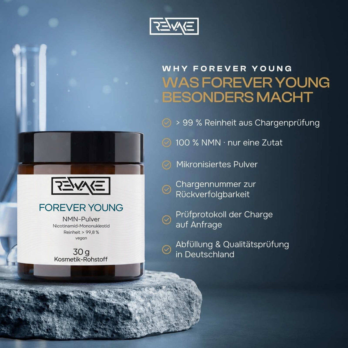 Was Rewake Forever Young besonders macht: über 99 % Reinheit aus Chargenprüfung, Chargennummer, Abfüllung in Deutschland