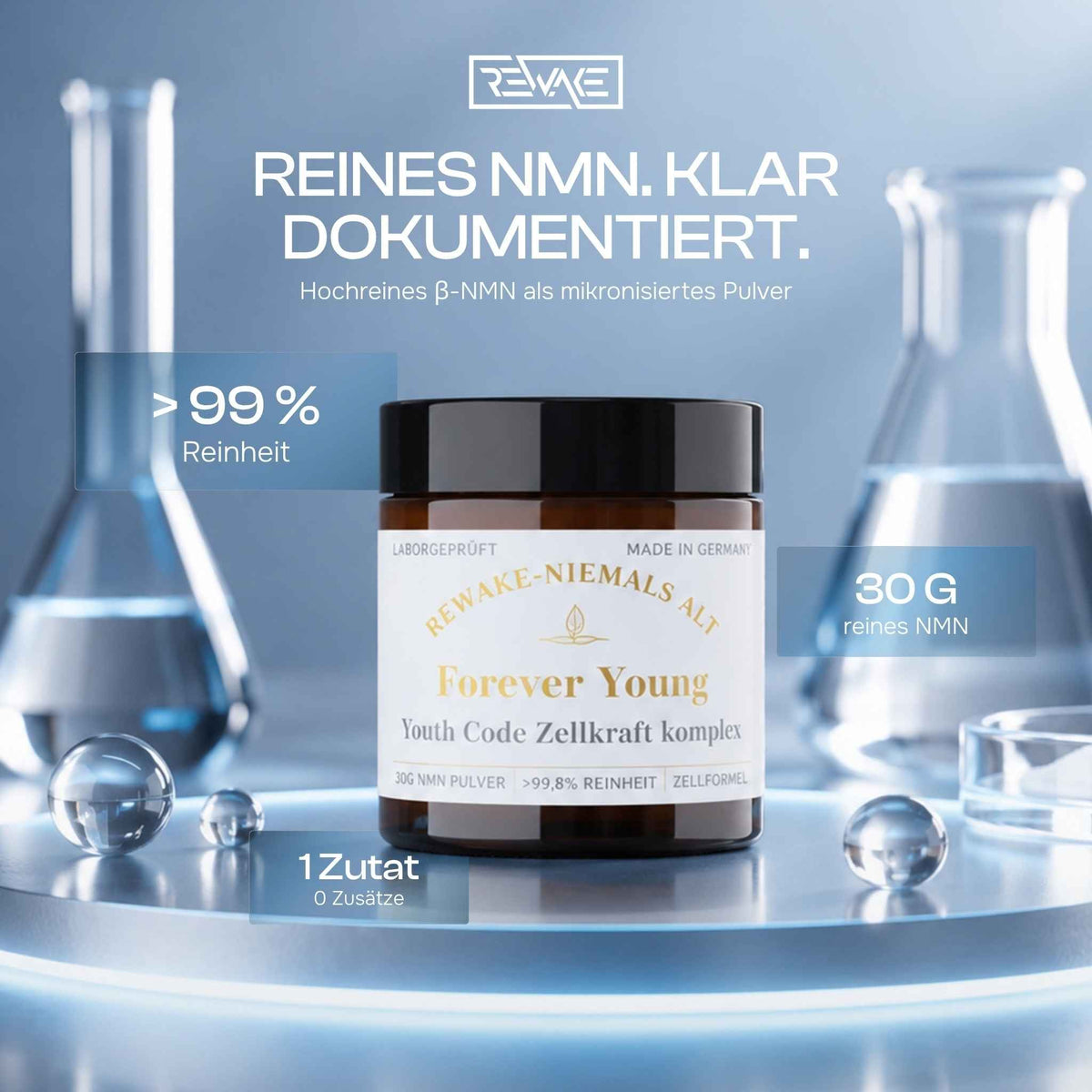 Brauner Tiegel mit Rewake Forever Young reinem NMN Pulver, über 99 Prozent Reinheit, dokumentierte Qualität.