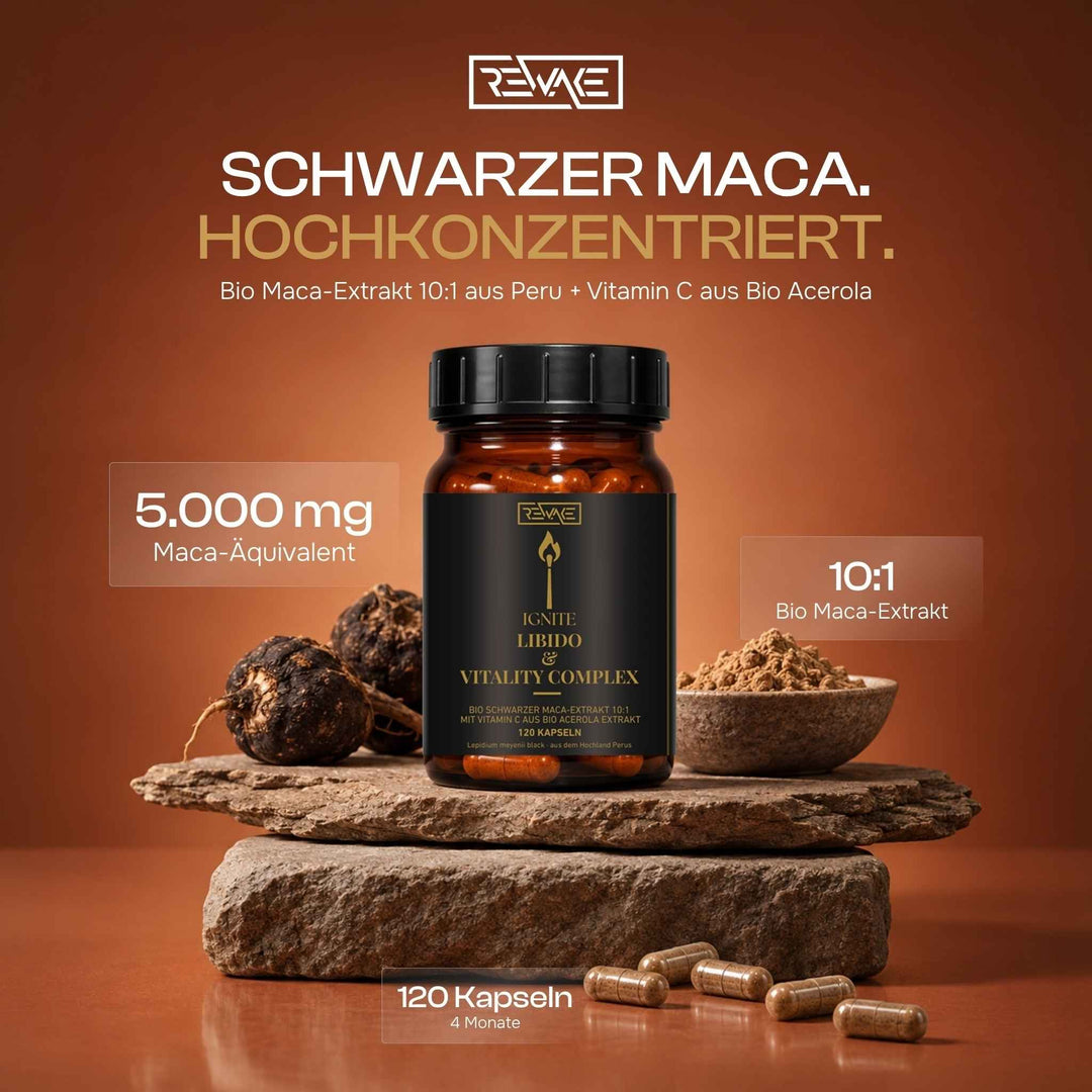 Braune Glasdose mit Rewake Ignite Bio Schwarzer Maca-Extrakt Kapseln, 5000 mg Äquivalent, hochkonzentriert