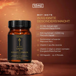 Übersicht der Vorteile von Rewake Ignite: 10:1 Bio-Extrakt aus peruanischem schwarzem Maca und Vitamin C aus Bio-Acerola.