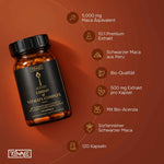 Infografik zu Rewake Ignite mit Icons für 5000 mg Maca Äquivalent, Bio-Qualität, 500 mg Extrakt pro Kapsel und 120 Kapseln Inhalt.