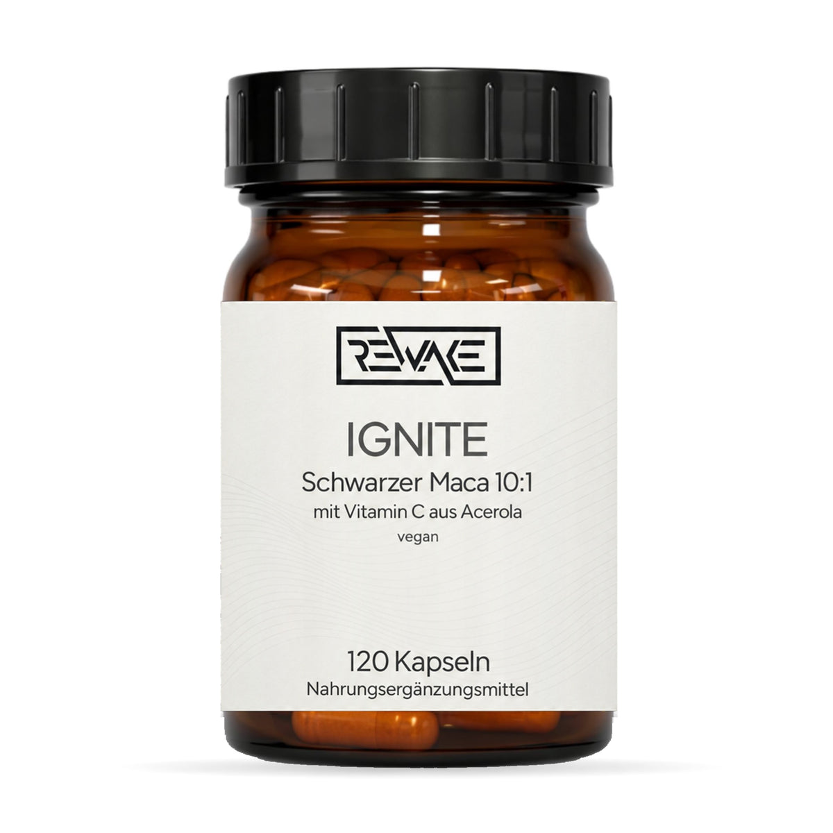 Rewake Ignite, schwarzer Maca Extrakt 10:1 mit Vitamin C aus Acerola, 120 vegane Kapseln im Braunglas