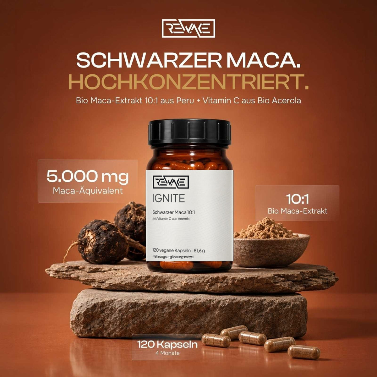 Rewake Ignite auf Stein mit Maca-Wurzeln und Extraktpulver, Bio-Maca-Extrakt 10:1 aus Peru, 5.000 mg Maca-Äquivalent