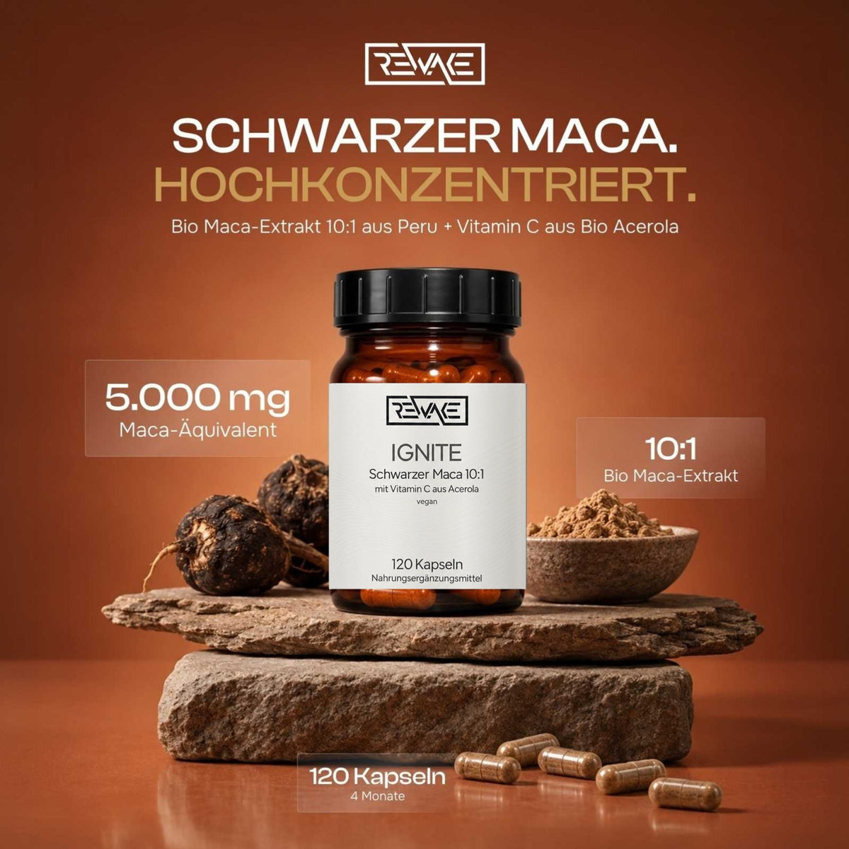 Rewake Ignite auf Stein mit Maca-Wurzeln und Extraktpulver, Bio-Maca-Extrakt 10:1 aus Peru, 5.000 mg Maca-Äquivalent