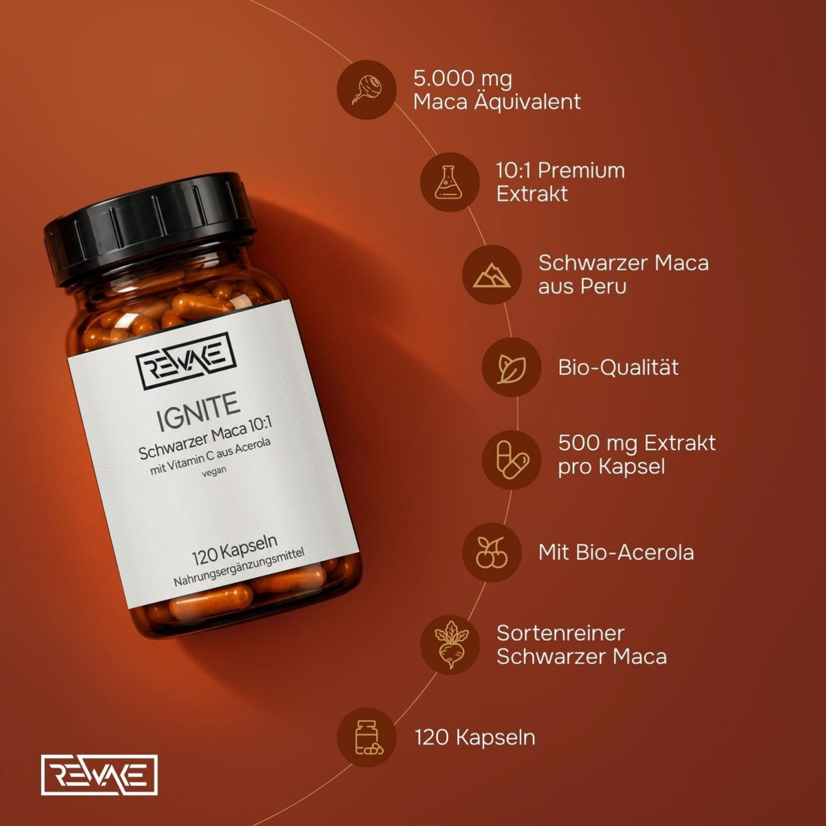 Rewake Ignite Merkmale: 10:1 Extrakt, schwarzer Maca aus Peru, Bio-Qualität, 500 mg Extrakt pro Kapsel, mit Bio-Acerola