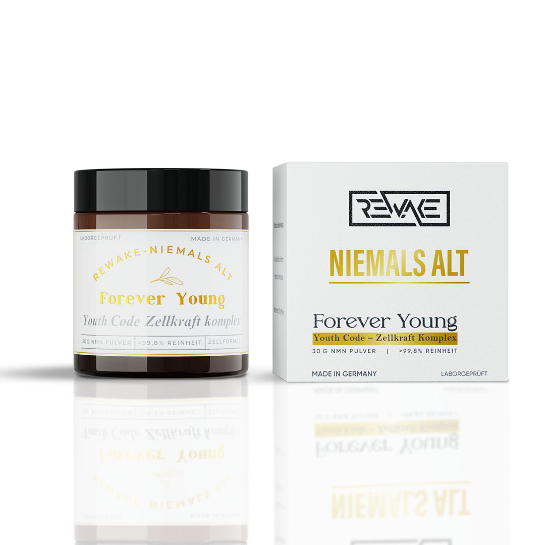 Forever Young NMN Zellkraft-Komplex mit Verpackung – Rewake Premium-Produkt für ewige Jugend. Niemals alt werden, natürlicher Jungbrunnen ohne Botox.