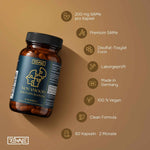 Infografik zu Rewake NovaMood mit Icons für Premium SAMe, Laborprüfung, Made in Germany und 100 Prozent vegane Rezeptur.