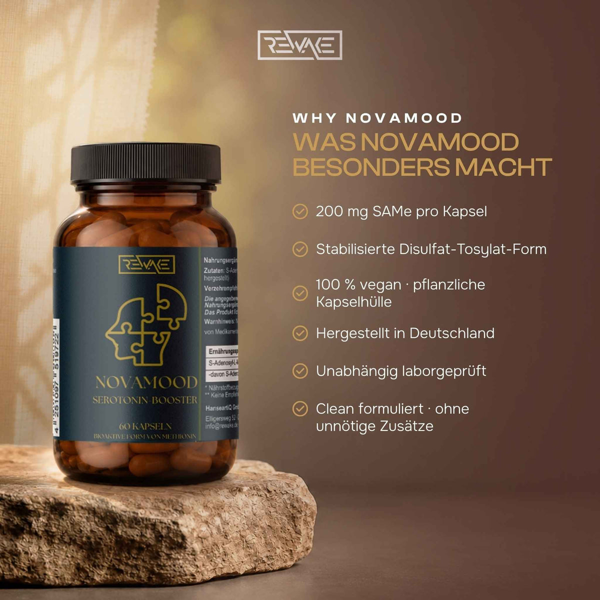 Übersicht der Vorteile von Rewake NovaMood: 200 mg SAMe in Disulfat-Tosylat-Form, 100 Prozent vegan und clean formuliert.