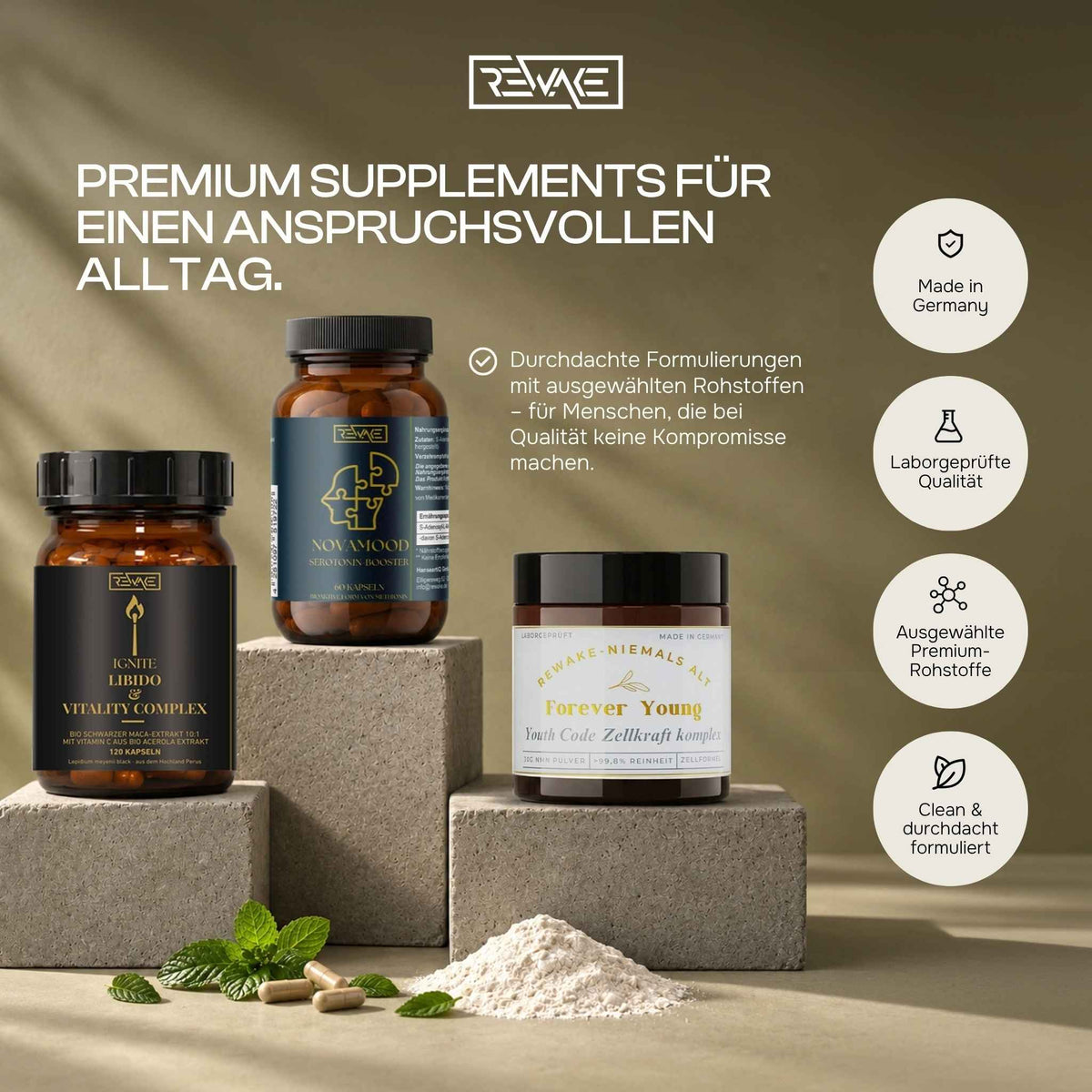 Die Rewake Premium Supplements Ignite, NovaMood und Forever Young arrangiert auf Steinpodesten für einen anspruchsvollen Alltag.