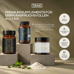Die Rewake Premium Supplements Ignite, NovaMood und Forever Young arrangiert auf Steinpodesten für einen anspruchsvollen Alltag.